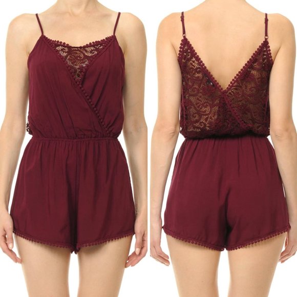 Surplice Lace Pompom Cami Romper Burgundy - Picture 8 of 8